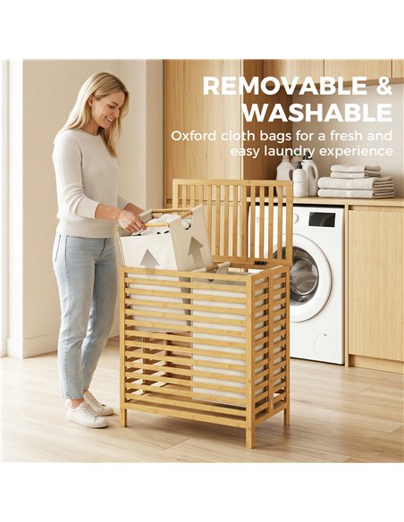 HOMCOM Bamboo Laundry Basket with Lid, 2 Baskets, Foldable, 64L, Natural and Cream White - pic 203837 | FastDaddyshop