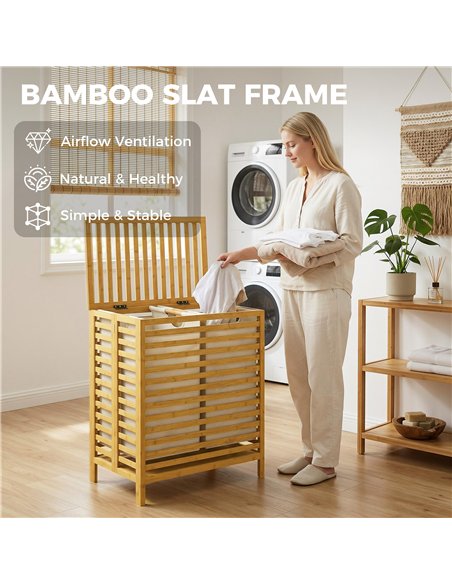HOMCOM Bamboo Laundry Basket with Lid, 2 Baskets, Foldable, 64L, Natural and Cream White - pic 203838 | FastDaddyshop