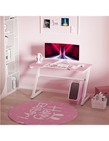HOMCOM Z-Shaped Racing Style Gaming Desk with 2 Cable Managements, Pink