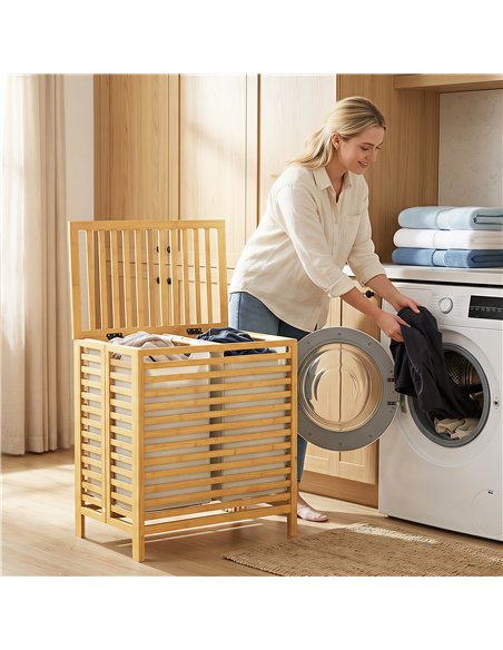HOMCOM Bamboo Laundry Basket with Lid, 2 Baskets, Foldable, 64L, Natural and Cream White - pic 203840 | FastDaddyshop