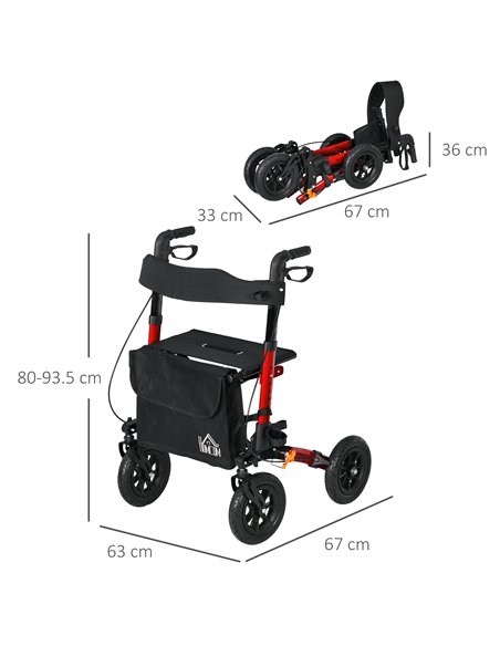 HOMCOM Lightweight Walking Frame Rollator Walker with Front Storage Bag and Adjustable Handle, Red - pic 203843 | FastDaddyshop