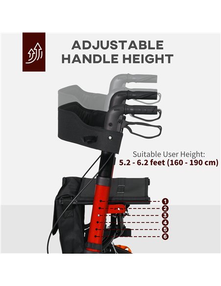 HOMCOM Lightweight Walking Frame Rollator Walker with Front Storage Bag and Adjustable Handle, Red - pic 203844 | FastDaddyshop