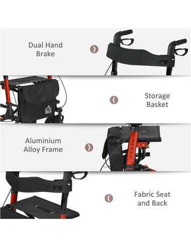 HOMCOM Lightweight Walking Frame Rollator Walker with Front Storage Bag and Adjustable Handle, Red
