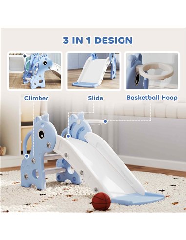 AIYAPLAY 3 in 1 Kids Slide with Climber, Basketball Hoop and Ball, Giraffe Shape Climber Slide for Indoor Kids Age 1-3, Blue