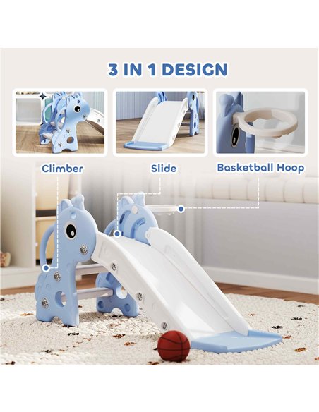 AIYAPLAY 3 in 1 Kids Slide with Climber, Basketball Hoop and Ball, Giraffe Shape Climber Slide for Indoor Kids Age 1-3, Blue - pic 203853 | FastDaddyshop