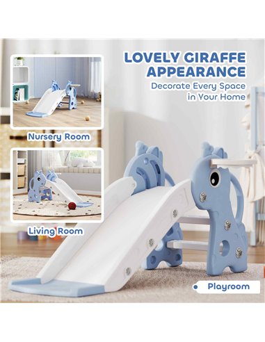 AIYAPLAY 3 in 1 Kids Slide with Climber, Basketball Hoop and Ball, Giraffe Shape Climber Slide for Indoor Kids Age 1-3, Blue