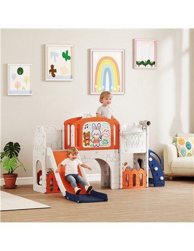AIYAPLAY 7 in 1 Toddler Slide Set with Basketball Hoop, Climbing Frame, Telescope, Drawing Board, Storage Box, Orange