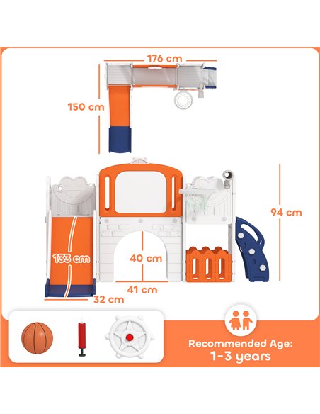 AIYAPLAY 7 in 1 Toddler Slide Set with Basketball Hoop, Climbing Frame, Telescope, Drawing Board, Storage Box, Orange - pic 203861 | FastDaddyshop
