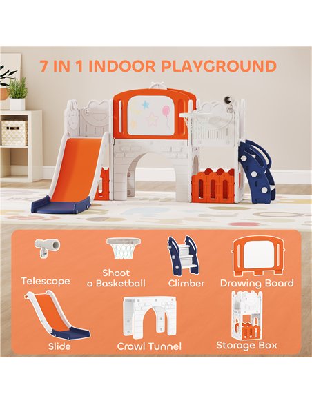 AIYAPLAY 7 in 1 Toddler Slide Set with Basketball Hoop, Climbing Frame, Telescope, Drawing Board, Storage Box, Orange - pic 203862 | FastDaddyshop