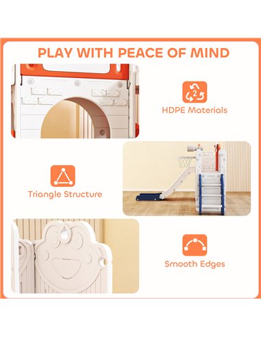 AIYAPLAY 7 in 1 Toddler Slide Set with Basketball Hoop, Climbing Frame, Telescope, Drawing Board, Storage Box, Orange
