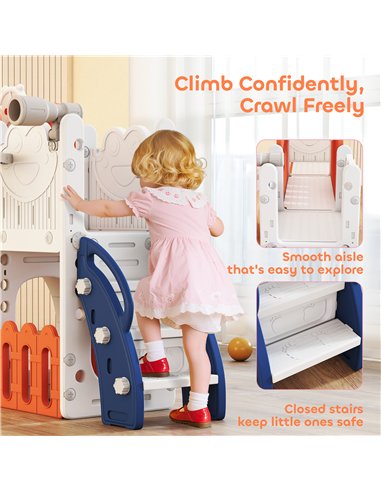 AIYAPLAY 7 in 1 Toddler Slide Set with Basketball Hoop, Climbing Frame, Telescope, Drawing Board, Storage Box, Orange
