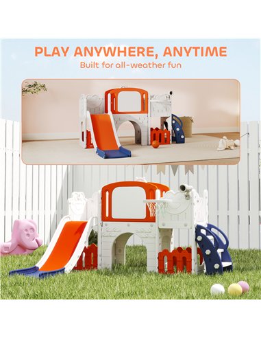 AIYAPLAY 7 in 1 Toddler Slide Set with Basketball Hoop, Climbing Frame, Telescope, Drawing Board, Storage Box, Orange
