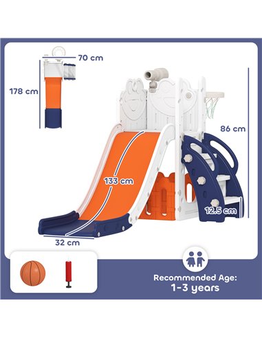 AIYAPLAY 5 in 1 Kids Slide Set with Basketball Hoop, Climbing Frame, Telescope, Storage Box for Toddlers Ages 1-3, Orange