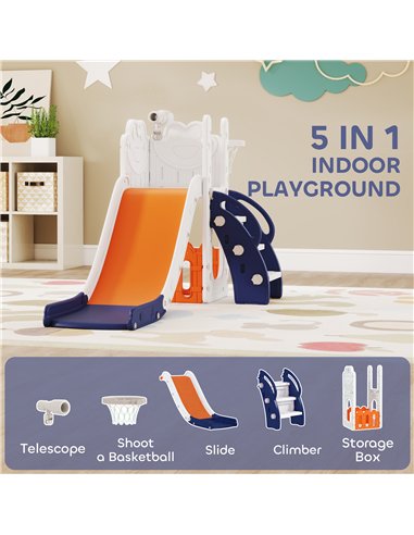 AIYAPLAY 5 in 1 Kids Slide Set with Basketball Hoop, Climbing Frame, Telescope, Storage Box for Toddlers Ages 1-3, Orange