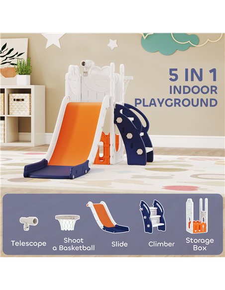 AIYAPLAY 5 in 1 Kids Slide Set with Basketball Hoop, Climbing Frame, Telescope, Storage Box for Toddlers Ages 1-3, Orange - pic 203871 | FastDaddyshop