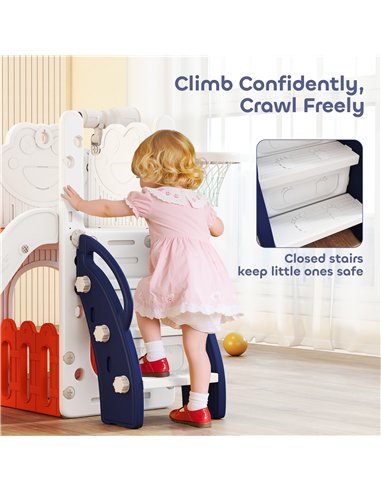 AIYAPLAY 5 in 1 Kids Slide Set with Basketball Hoop, Climbing Frame, Telescope, Storage Box for Toddlers Ages 1-3, Orange