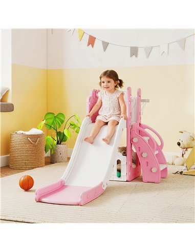 AIYAPLAY 5 in 1 Kids Slide Set with Basketball Hoop, Climbing Frame, Telescope, Storage Box for Toddlers Ages 1-3, Pink