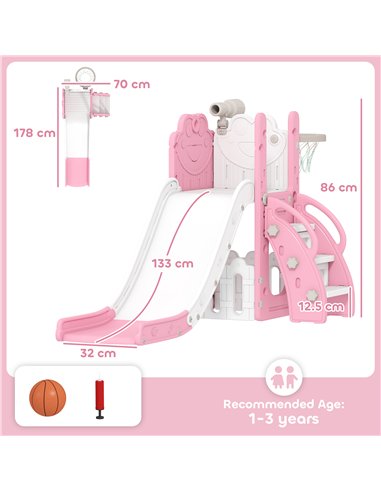 AIYAPLAY 5 in 1 Kids Slide Set with Basketball Hoop, Climbing Frame, Telescope, Storage Box for Toddlers Ages 1-3, Pink