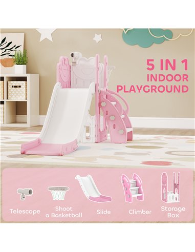 AIYAPLAY 5 in 1 Kids Slide Set with Basketball Hoop, Climbing Frame, Telescope, Storage Box for Toddlers Ages 1-3, Pink
