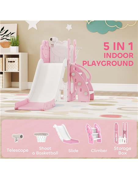 AIYAPLAY 5 in 1 Kids Slide Set with Basketball Hoop, Climbing Frame, Telescope, Storage Box for Toddlers Ages 1-3, Pink - pic 203880 | FastDaddyshop
