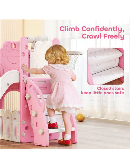 AIYAPLAY 5 in 1 Kids Slide Set with Basketball Hoop, Climbing Frame, Telescope, Storage Box for Toddlers Ages 1-3, Pink - pic 203883 | FastDaddyshop