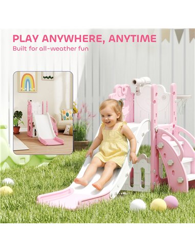 AIYAPLAY 5 in 1 Kids Slide Set with Basketball Hoop, Climbing Frame, Telescope, Storage Box for Toddlers Ages 1-3, Pink