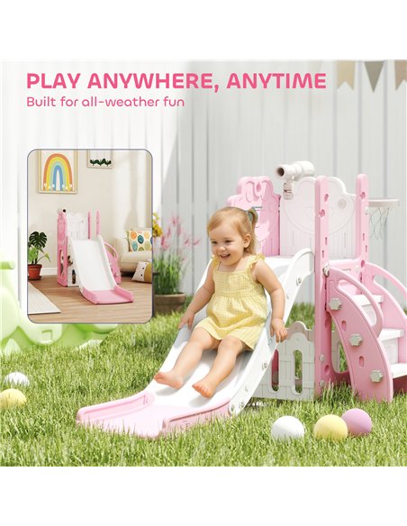 AIYAPLAY 5 in 1 Kids Slide Set with Basketball Hoop, Climbing Frame, Telescope, Storage Box for Toddlers Ages 1-3, Pink - pic 203884 | FastDaddyshop