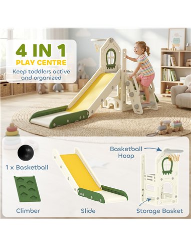 AIYAPLAY Foldable 4 in 1 Toddler Slide with Climber, Basketball Hoop, Storage Space and Basketball for Ages 1-3 Years, Cream