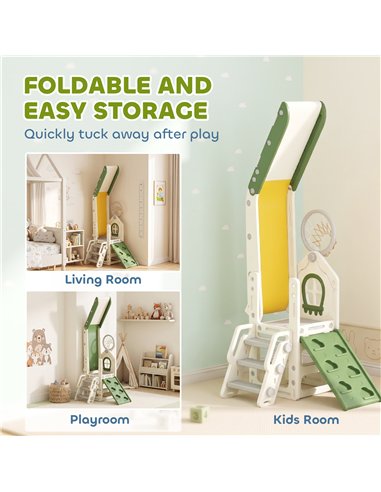 AIYAPLAY Foldable 4 in 1 Toddler Slide with Climber, Basketball Hoop, Storage Space and Basketball for Ages 1-3 Years, Cream