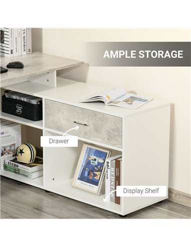 HOMCOM L-Shaped Computer Study Corner Desk with Shelves, Drawer, Grey-White