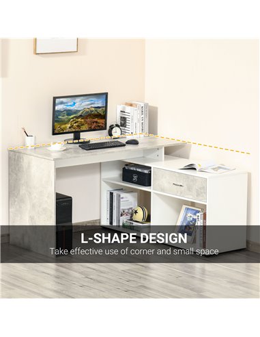 HOMCOM L-Shaped Computer Study Corner Desk with Shelves, Drawer, Grey-White