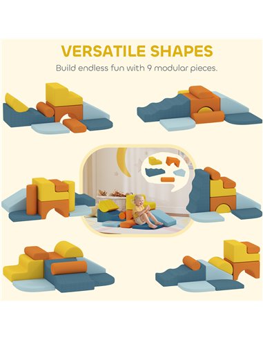 AIYAPLAY 9-Piece Soft Play Set, Kids Soft Play Foam Blocks with Detachable Cover for Climbing and Crawling