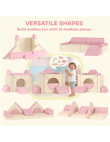 AIYAPLAY Kids Play Sofa, 12 Pieces Foam Modular Soft Play Set for Playroom, Children Convertible Sofa for Boys and Girls, Pink