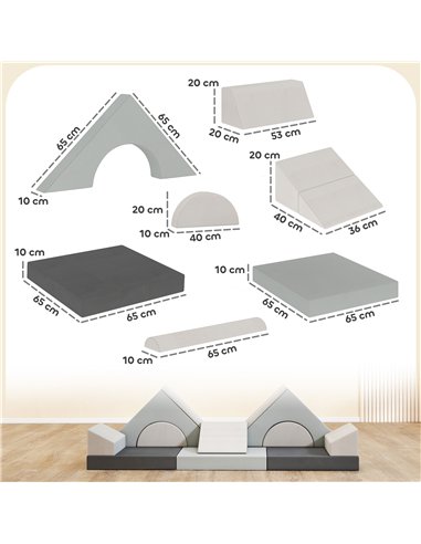 AIYAPLAY Kids Play Sofa, 12 Pieces Foam Modular Soft Play Set for Playroom, Children Convertible Sofa for Boys and Girls, Grey