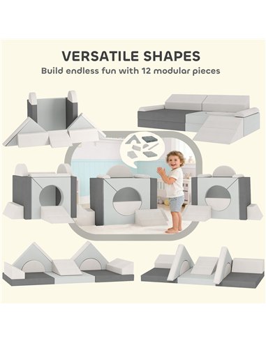 AIYAPLAY Kids Play Sofa, 12 Pieces Foam Modular Soft Play Set for Playroom, Children Convertible Sofa for Boys and Girls, Grey
