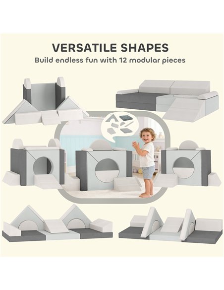 AIYAPLAY Kids Play Sofa, 12 Pieces Foam Modular Soft Play Set for Playroom, Children Convertible Sofa for Boys and Girls, Grey - pic 204024 | FastDaddyshop