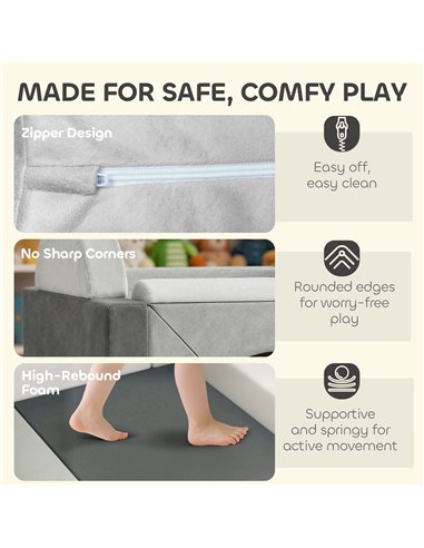 AIYAPLAY Kids Play Sofa, 12 Pieces Foam Modular Soft Play Set for Playroom, Children Convertible Sofa for Boys and Girls, Grey