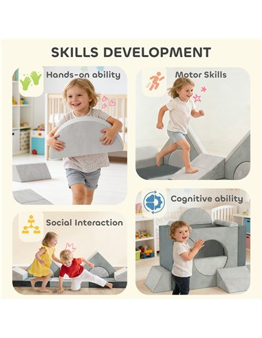 AIYAPLAY Kids Play Sofa, 12 Pieces Foam Modular Soft Play Set for Playroom, Children Convertible Sofa for Boys and Girls, Grey