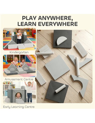 AIYAPLAY Kids Play Sofa, 12 Pieces Foam Modular Soft Play Set for Playroom, Children Convertible Sofa for Boys and Girls, Grey