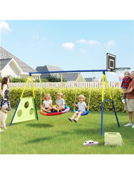 AIYAPLAY 4-in-1 Kids Swing Set with Saucer Swing, Basketball Hoop and Football Goal, Outdoor Playground Playset for Garden - pic 204103 | FastDaddyshop