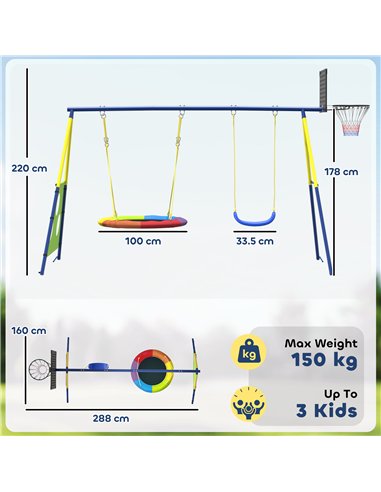 AIYAPLAY 4-in-1 Kids Swing Set with Saucer Swing, Basketball Hoop and Football Goal, Outdoor Playground Playset for Garden
