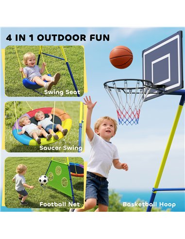 AIYAPLAY 4-in-1 Kids Swing Set with Saucer Swing, Basketball Hoop and Football Goal, Outdoor Playground Playset for Garden
