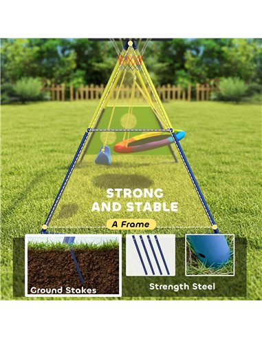 AIYAPLAY 4-in-1 Kids Swing Set with Saucer Swing, Basketball Hoop and Football Goal, Outdoor Playground Playset for Garden