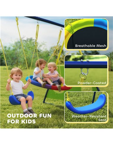 AIYAPLAY 4-in-1 Kids Swing Set with Saucer Swing, Basketball Hoop and Football Goal, Outdoor Playground Playset for Garden