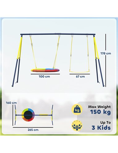 AIYAPLAY Kids Swing Set with Double Swings, Outdoor Playset with Adjustable Ropes, Metal Frame for Ages 3-8, 150kg Capacity