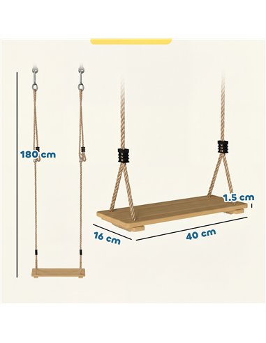 AIYAPLAY Wooden Swing Seat, Kids Swing Set with Adjustable Rope and Tree Straps, Outdoor Playground Playset for Kids
