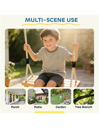 AIYAPLAY Wooden Swing Seat, Kids Swing Set with Adjustable Rope and Tree Straps, Outdoor Playground Playset for Kids