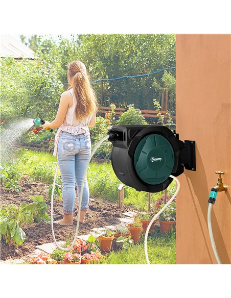Outsunny Retractable Hose Reel Wall Mounted, 30+2m Garden Hose Pipe Reel with Lock, Auto Rewind, 7 in 1 Spray Nozzle, Includes W - pic 204157 | FastDaddyshop