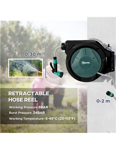 Outsunny Retractable Hose Reel Wall Mounted, 30+2m Garden Hose Pipe Reel with Lock, Auto Rewind, 7 in 1 Spray Nozzle, Includes W