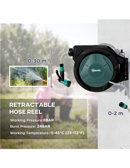 Outsunny Retractable Hose Reel Wall Mounted, 30+2m Garden Hose Pipe Reel with Lock, Auto Rewind, 7 in 1 Spray Nozzle, Includes W - pic 204159 | FastDaddyshop